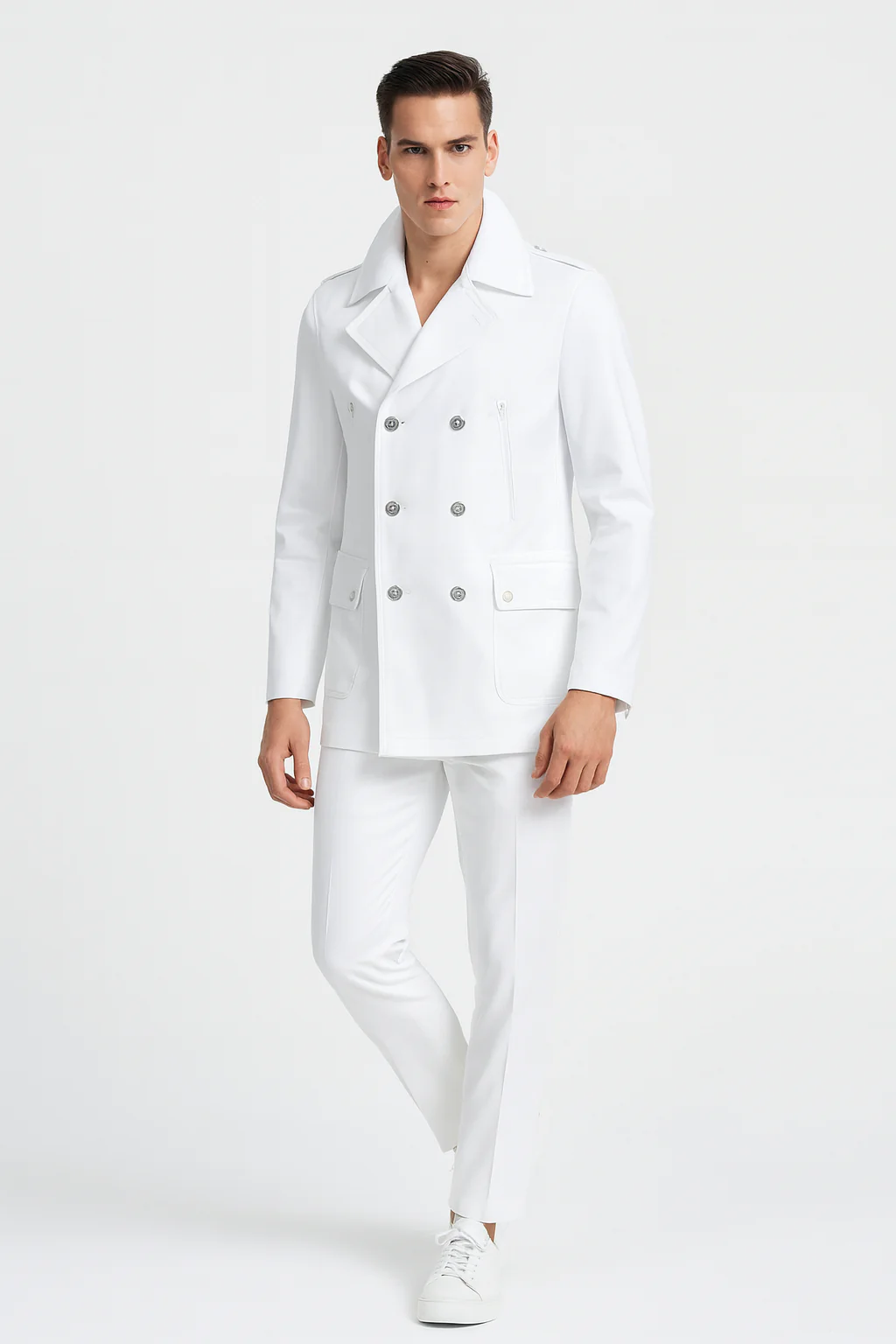 Men’s White Double-Breasted Peacoat Jacket – Classic Stylish Outerwear Wool Fabric Slim Fitted - Image 2