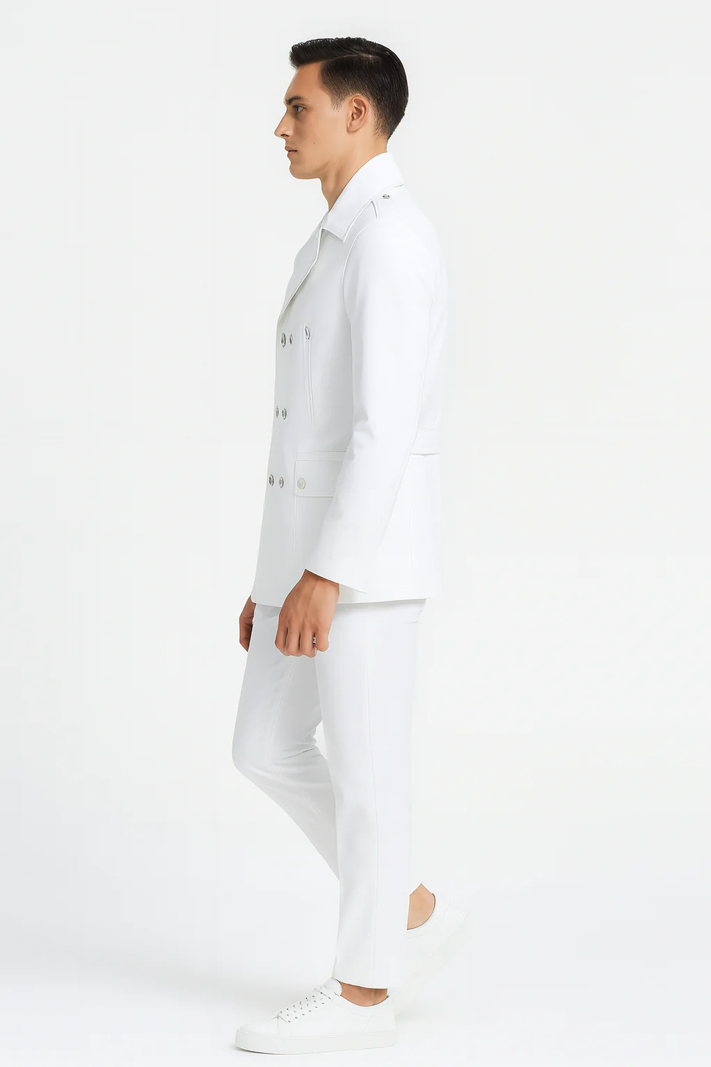 Men’s White Double-Breasted Peacoat Jacket – Classic Stylish Outerwear Wool Fabric Slim Fitted - Image 3