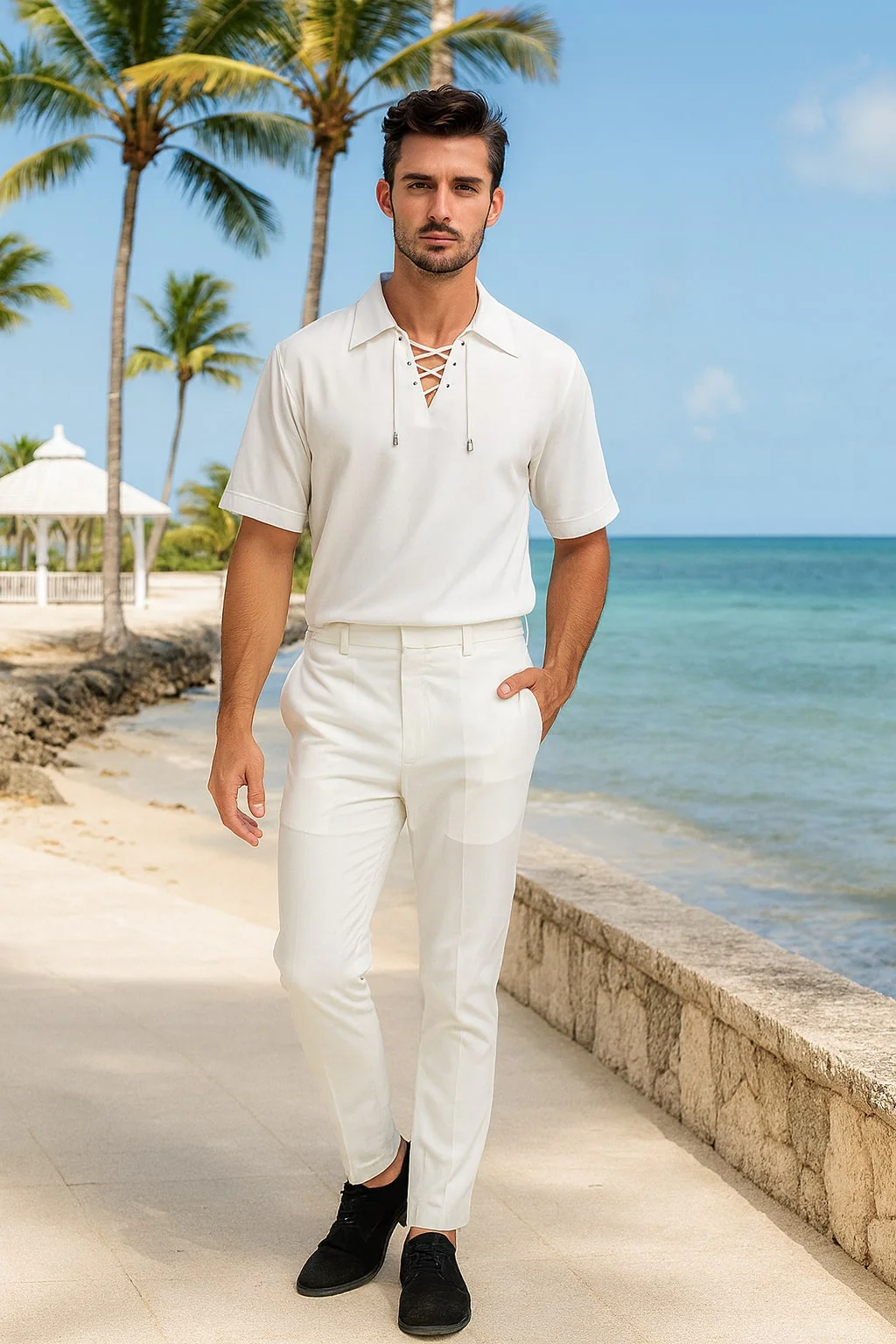 Men’s White Lace-Up Renaissance Shirt – Linen Fabric Short Sleeve Casual Pirate Peasant Top - Image 5