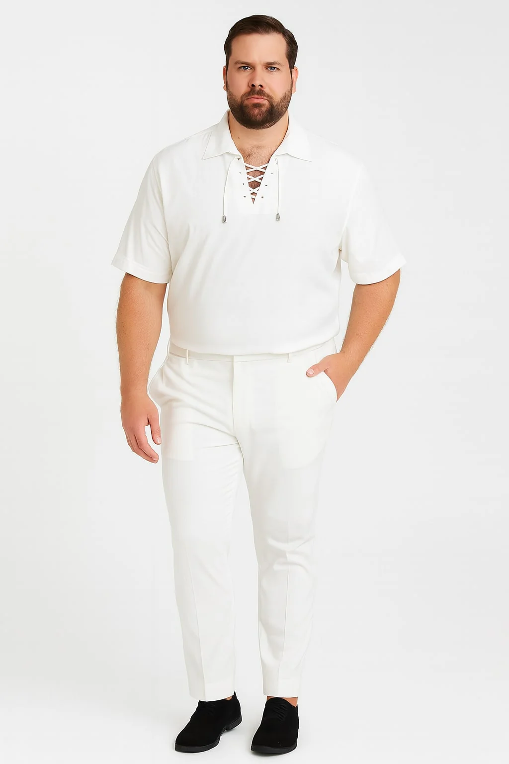 Men’s White Lace-Up Renaissance Shirt – Linen Fabric Short Sleeve Casual Pirate Peasant Top - Image 7