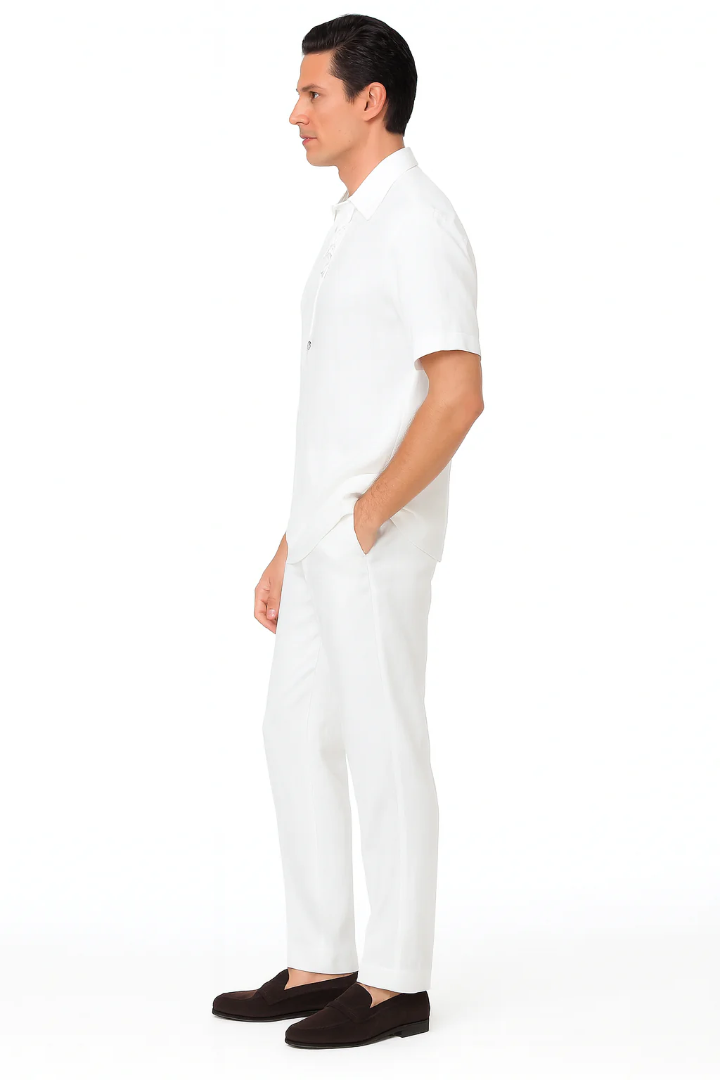Men’s White Lace-Up Shirt and Pants Set – Casual Summer Two-Piece Outfit - Image 3