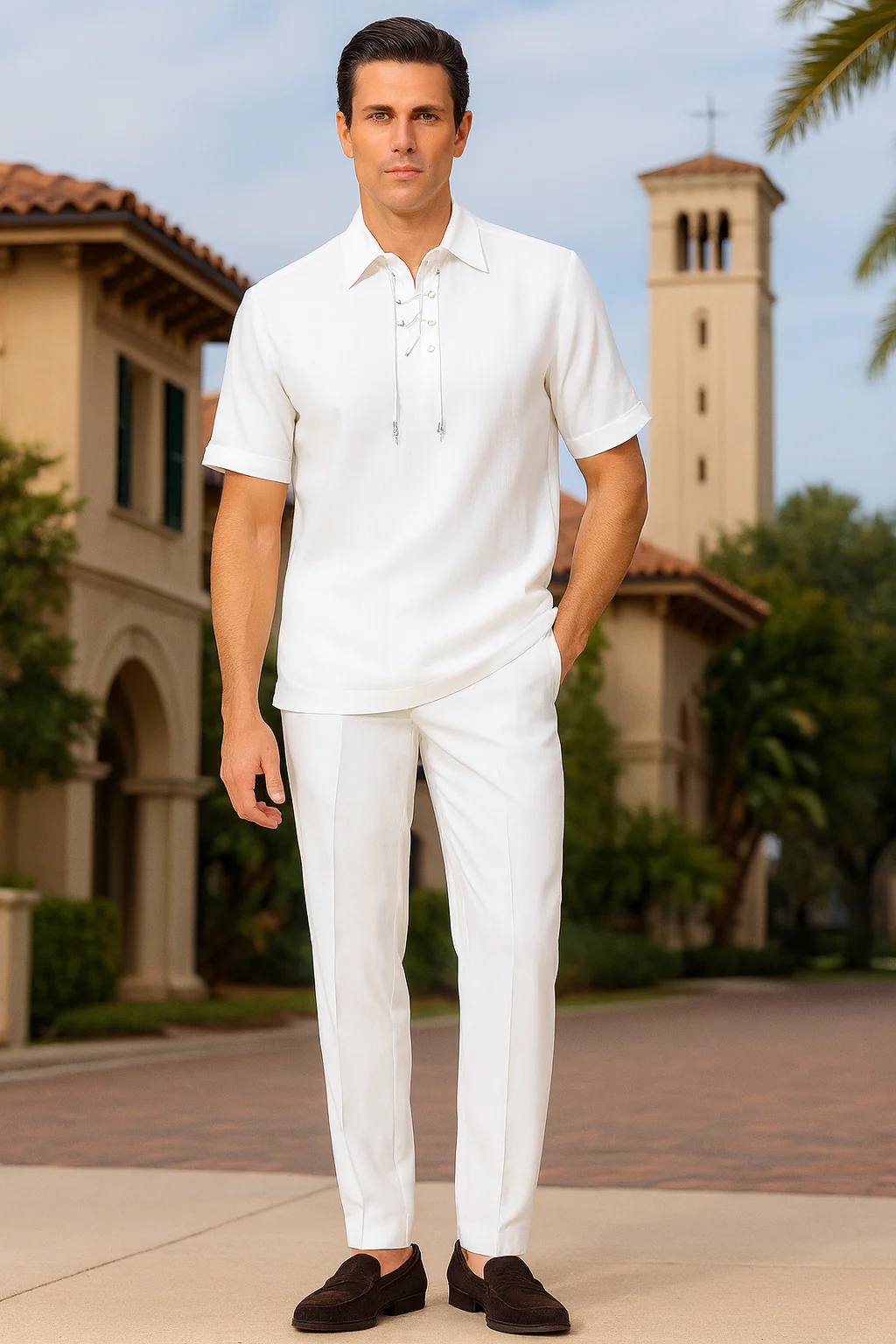 Men’s White Lace-Up Shirt and Pants Set – Casual Summer Two-Piece Outfit - Image 4