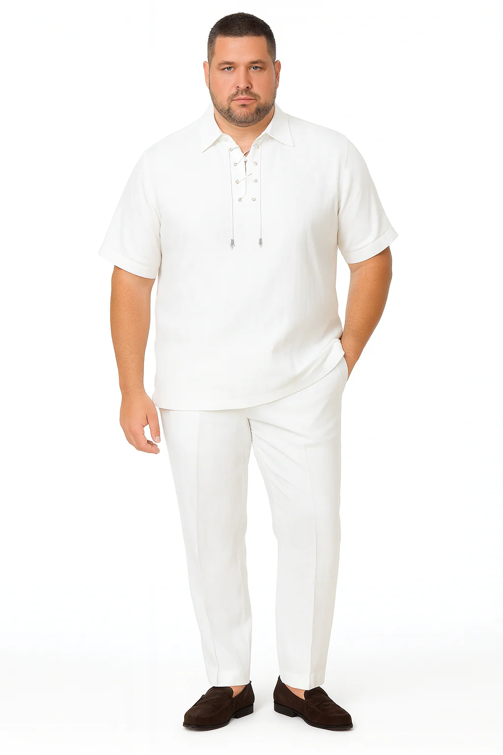 Men’s White Lace-Up Shirt and Pants Set – Casual Summer Two-Piece Outfit - Image 5