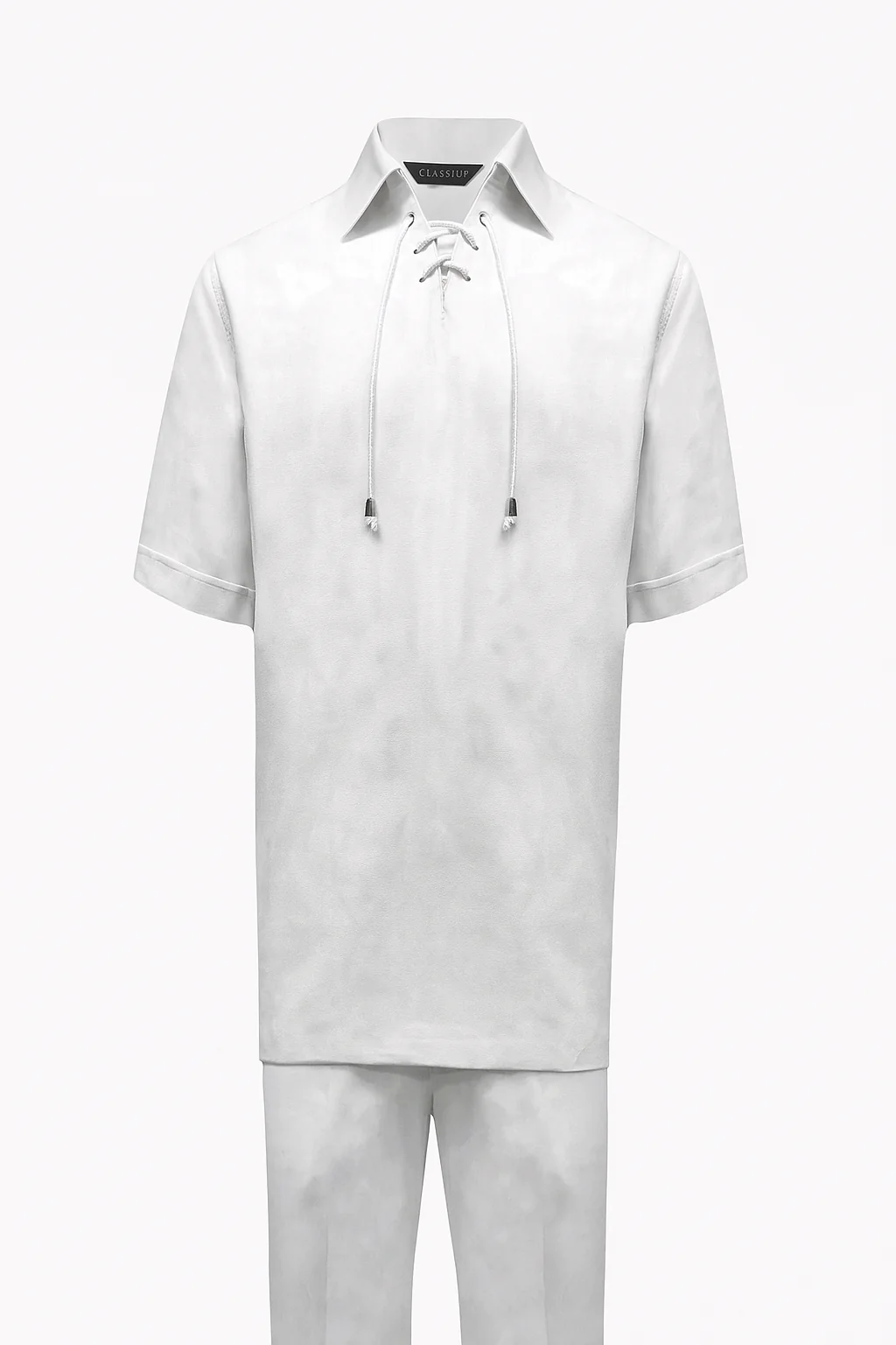 Men’s White Lace-Up Shirt and Pants Set – Casual Summer Two-Piece Outfit - Image 6