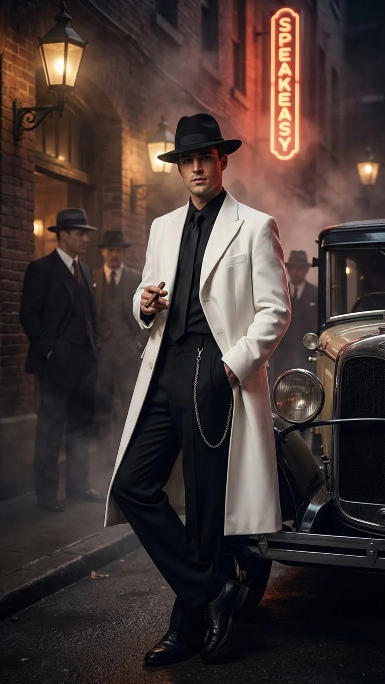 Men’s White Long Zoot Style Suit  | Vintage Gangster Mafia Formal Coat with Black Pants - Image 10