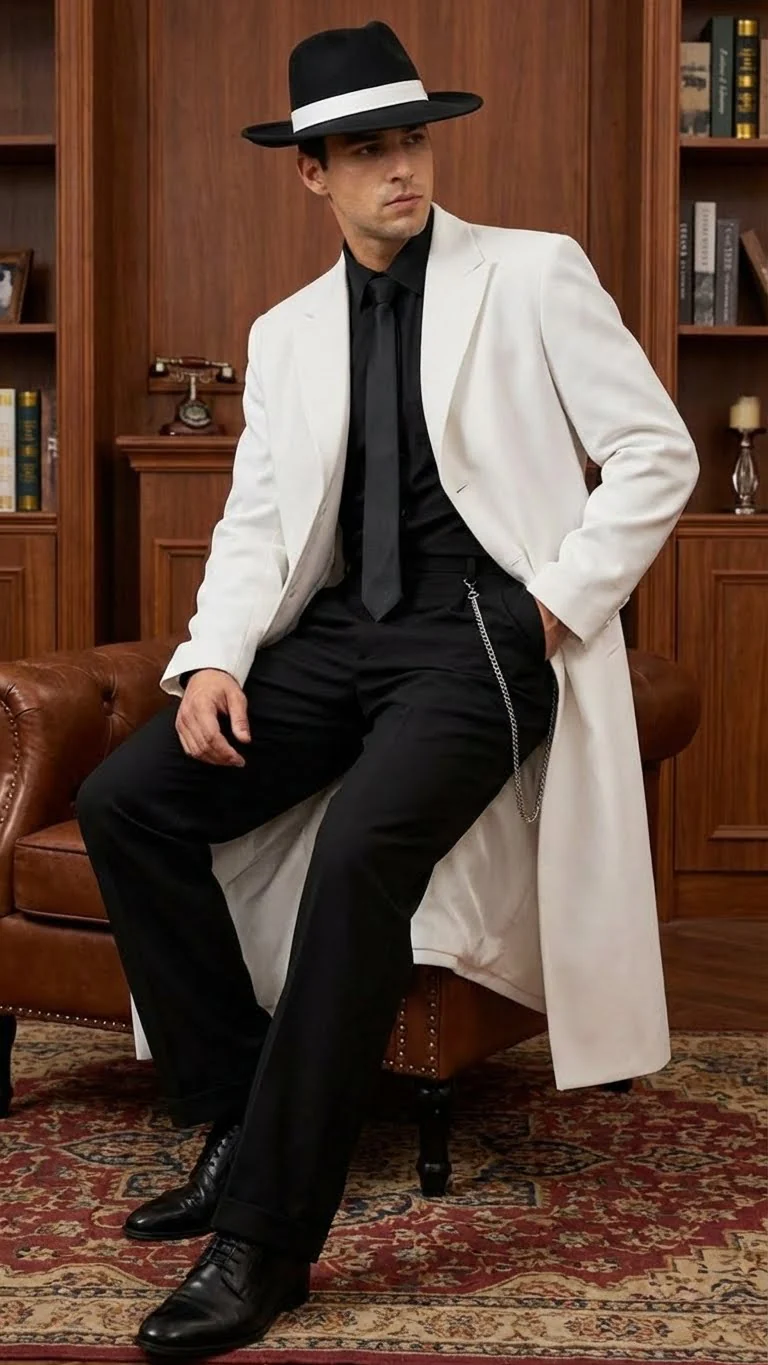 Men’s White Long Zoot Style Suit  | Vintage Gangster Mafia Formal Coat with Black Pants - Image 11
