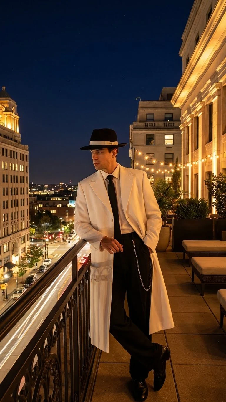 Men’s White Long Zoot Style Suit  | Vintage Gangster Mafia Formal Coat with Black Pants - Image 12
