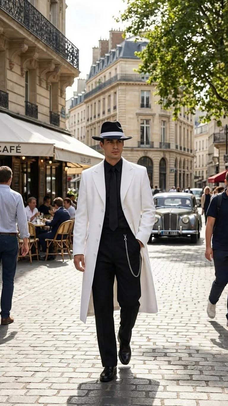 Men’s White Long Zoot Style Suit  | Vintage Gangster Mafia Formal Coat with Black Pants - Image 13