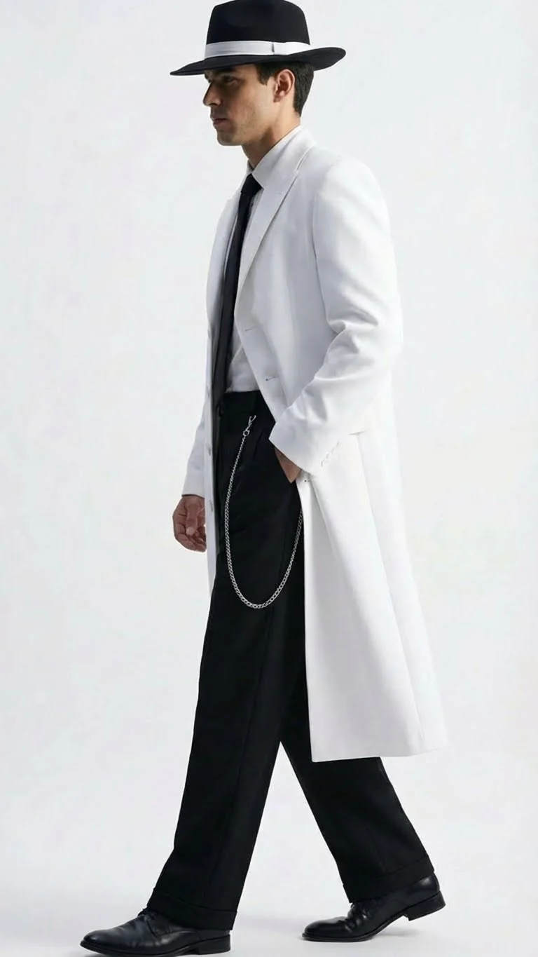 Men’s White Long Zoot Style Suit  | Vintage Gangster Mafia Formal Coat with Black Pants - Image 3