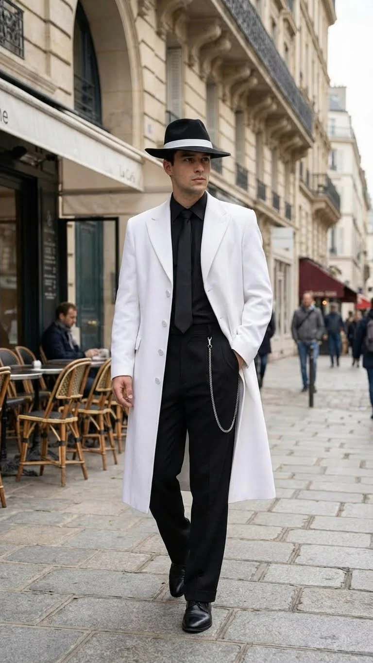Men’s White Long Zoot Style Suit  | Vintage Gangster Mafia Formal Coat with Black Pants - Image 5