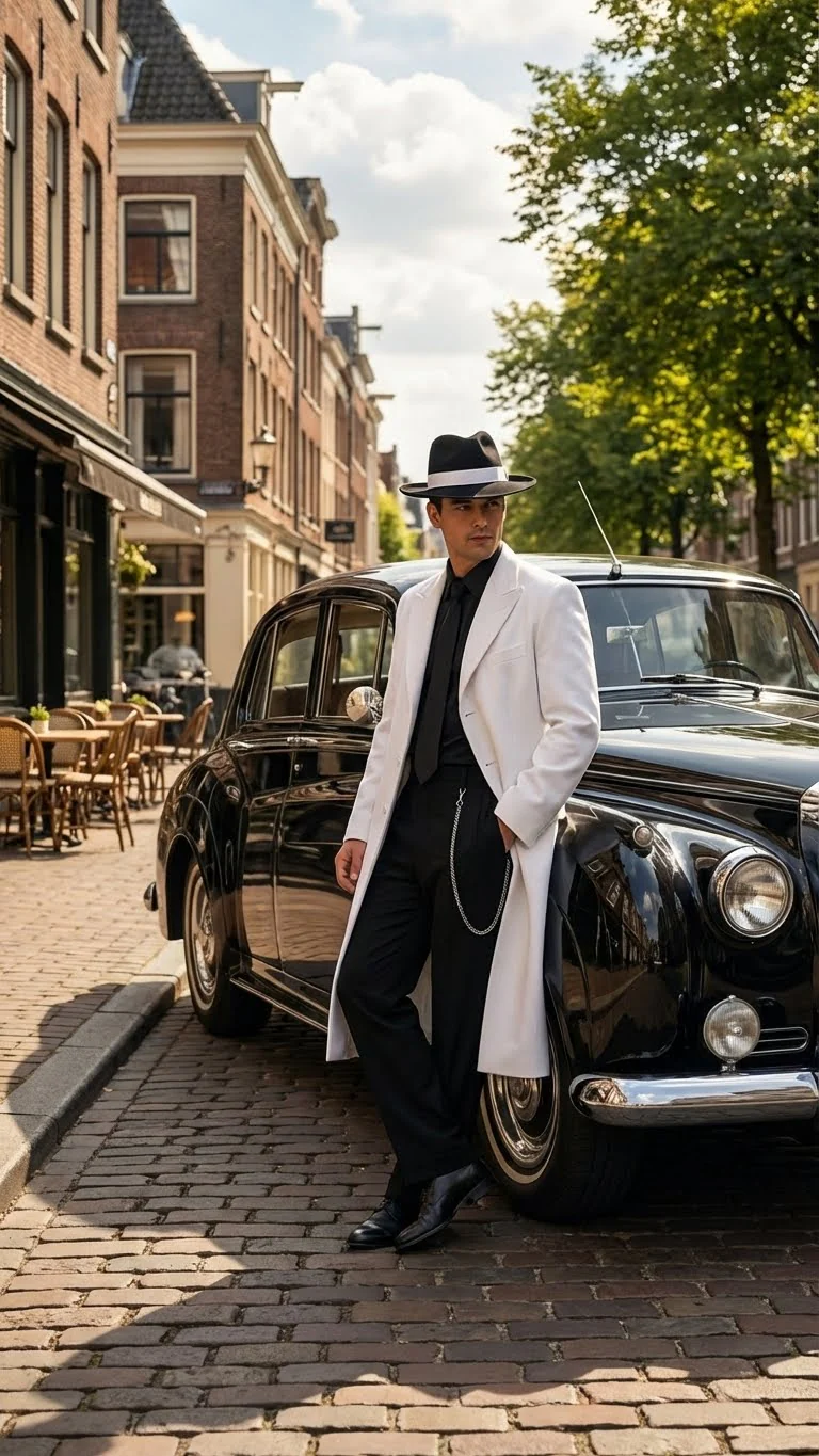 Men’s White Long Zoot Style Suit  | Vintage Gangster Mafia Formal Coat with Black Pants - Image 7