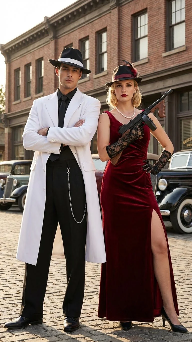 Men’s White Long Zoot Style Suit  | Vintage Gangster Mafia Formal Coat with Black Pants - Image 9