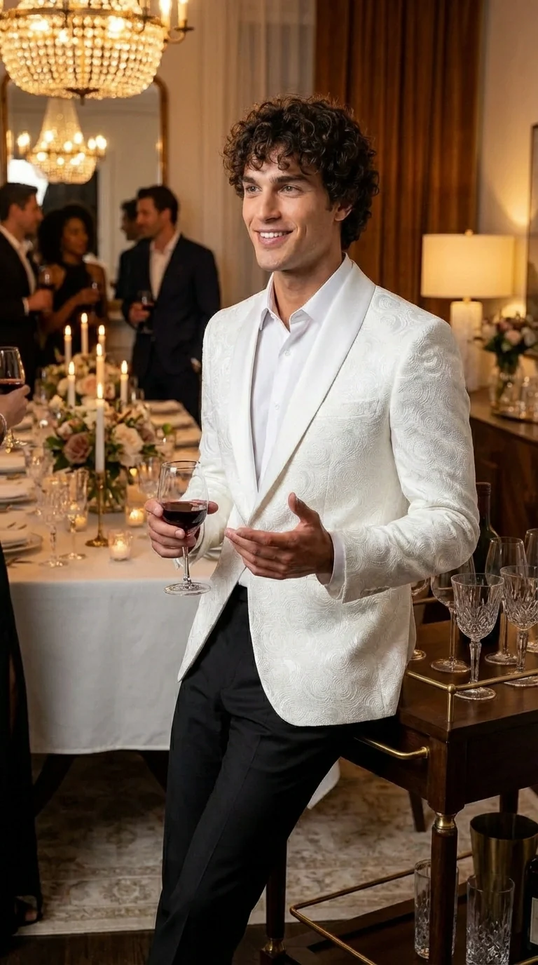 Men’s White Paisley Disco Blazer 1980s Style Jacket – Shawl Lapel Formal Party Blazer, Elegant Masquerade Club Wear, Stylish Evening Outfit - Image 10