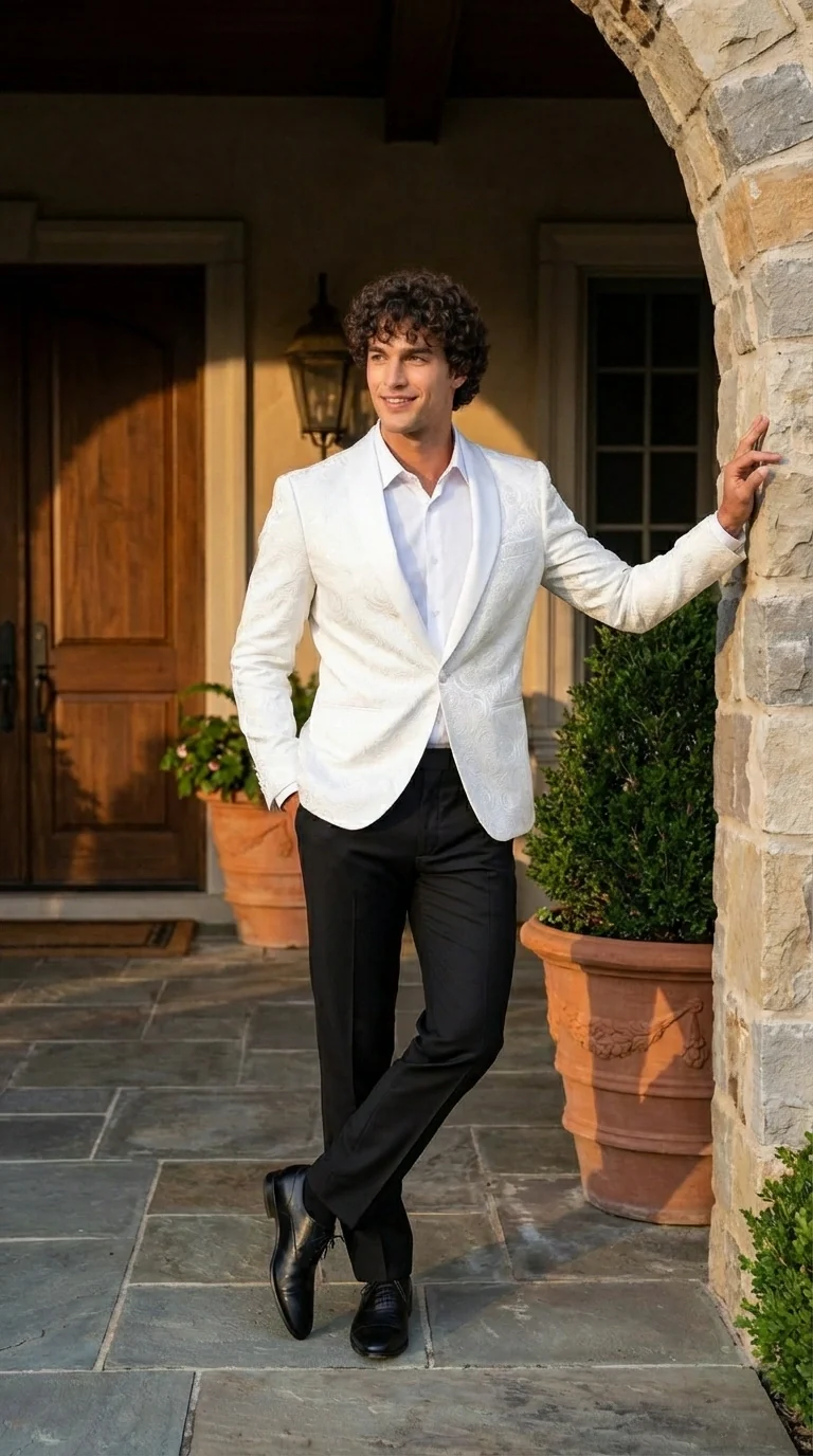 Men’s White Paisley Disco Blazer 1980s Style Jacket – Shawl Lapel Formal Party Blazer, Elegant Masquerade Club Wear, Stylish Evening Outfit - Image 12
