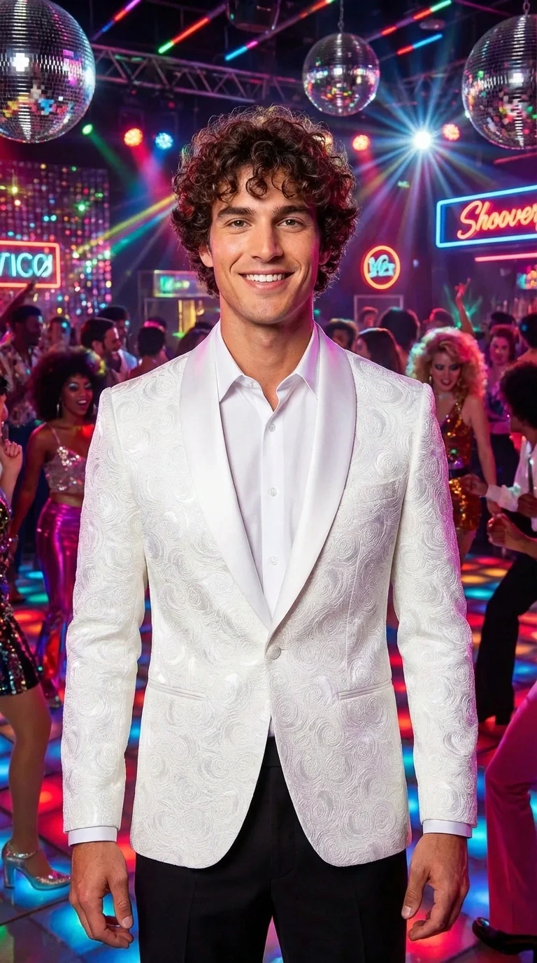 Men’s White Paisley Disco Blazer 1980s Style Jacket – Shawl Lapel Formal Party Blazer, Elegant Masquerade Club Wear, Stylish Evening Outfit - Image 2
