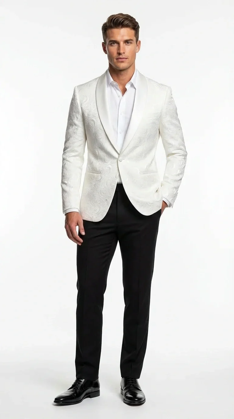 Men’s White Paisley Disco Blazer 1980s Style Jacket – Shawl Lapel Formal Party Blazer, Elegant Masquerade Club Wear, Stylish Evening Outfit - Image 3