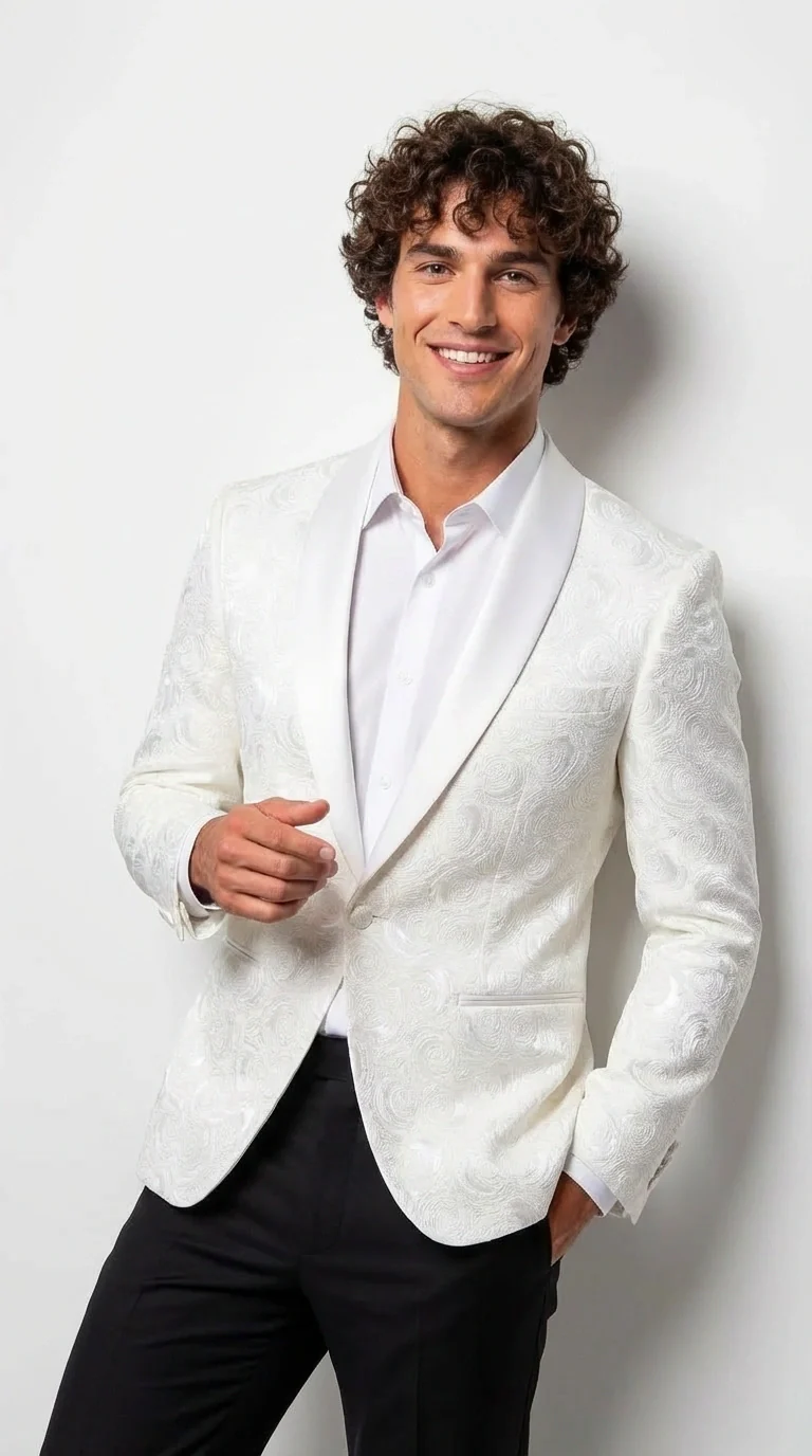 Men’s White Paisley Disco Blazer 1980s Style Jacket – Shawl Lapel Formal Party Blazer, Elegant Masquerade Club Wear, Stylish Evening Outfit - Image 4