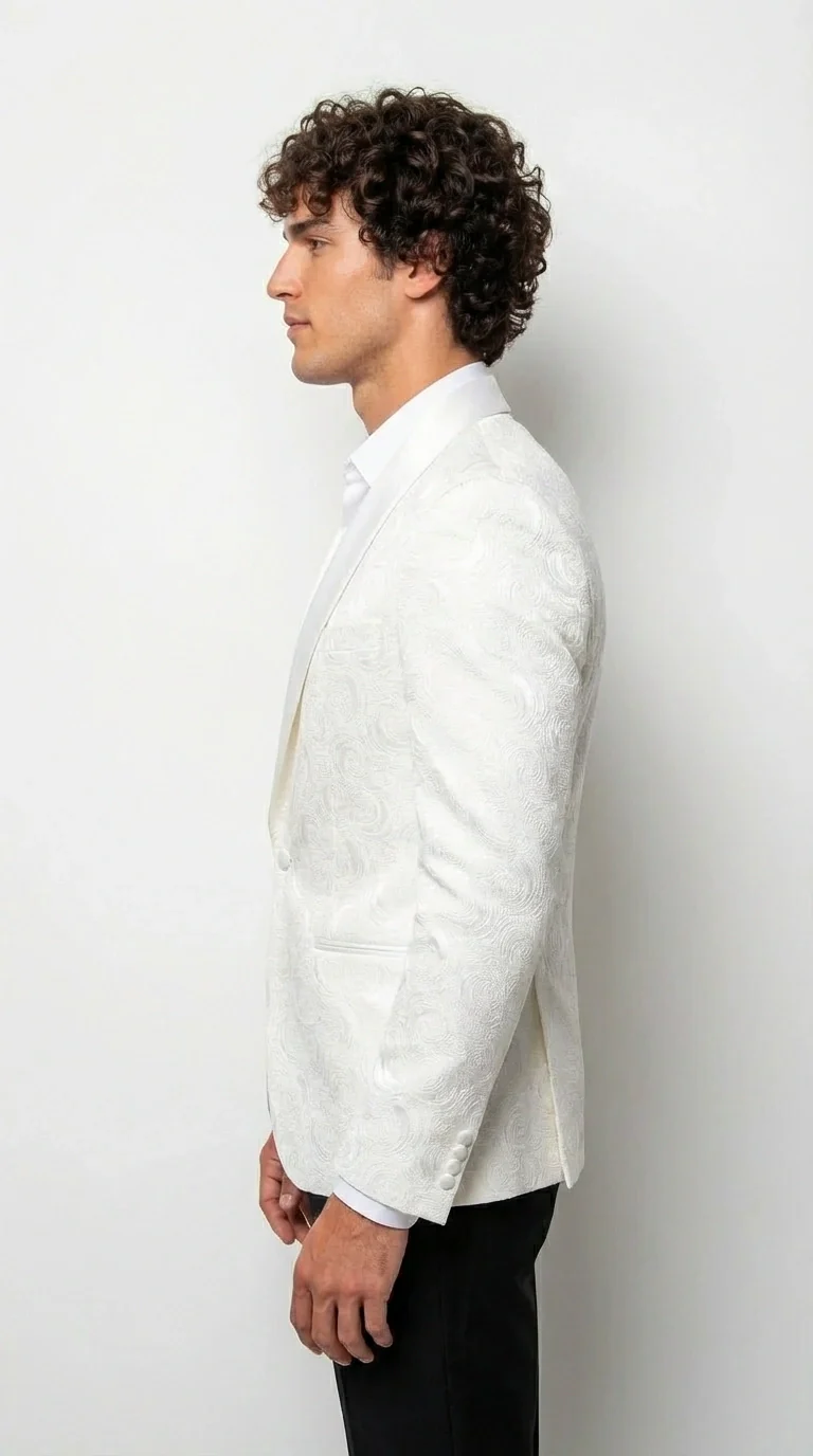 Men’s White Paisley Disco Blazer 1980s Style Jacket – Shawl Lapel Formal Party Blazer, Elegant Masquerade Club Wear, Stylish Evening Outfit - Image 6