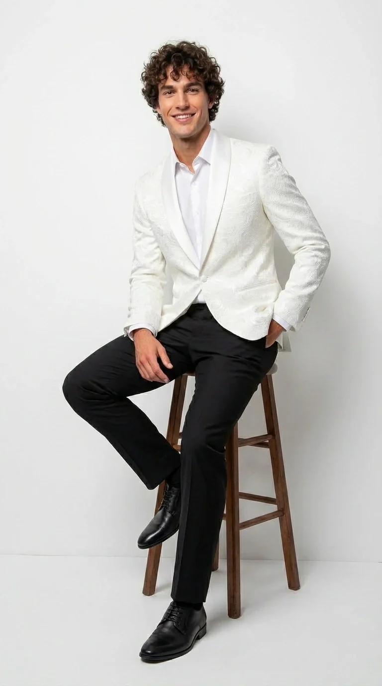 Men’s White Paisley Disco Blazer 1980s Style Jacket – Shawl Lapel Formal Party Blazer, Elegant Masquerade Club Wear, Stylish Evening Outfit - Image 7