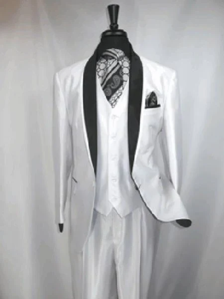Men’s White Shiny Flashy Fabric Tuxedo Suit with Black Shawl Lapel | Luxury Formal Wedding and Evening Suits Sharkskin Metallic Fabric - Image 2