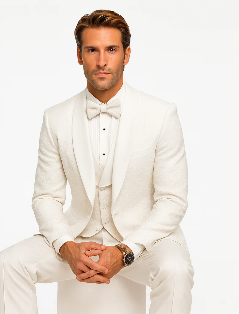 Men’s White Vested Tuxedo – Stylish Floral Lace Designer Wedding Suit - Image 4