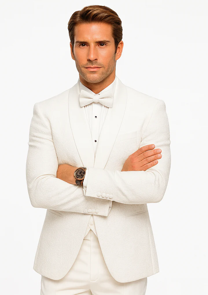 Men’s White Vested Tuxedo – Stylish Floral Lace Designer Wedding Suit - Image 6