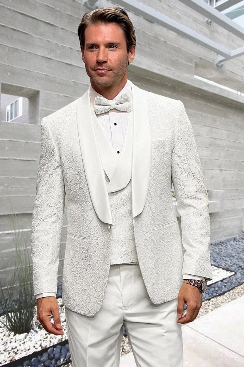Men’s White Vested Tuxedo – Stylish Floral Lace Designer Wedding Suit - Image 9