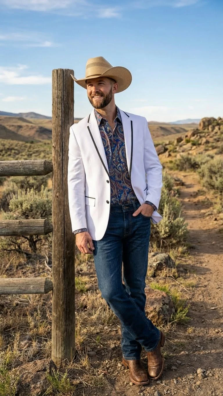 Men’s White Western Blazer with Black Trim – Classic Cowboy Style - Image 10