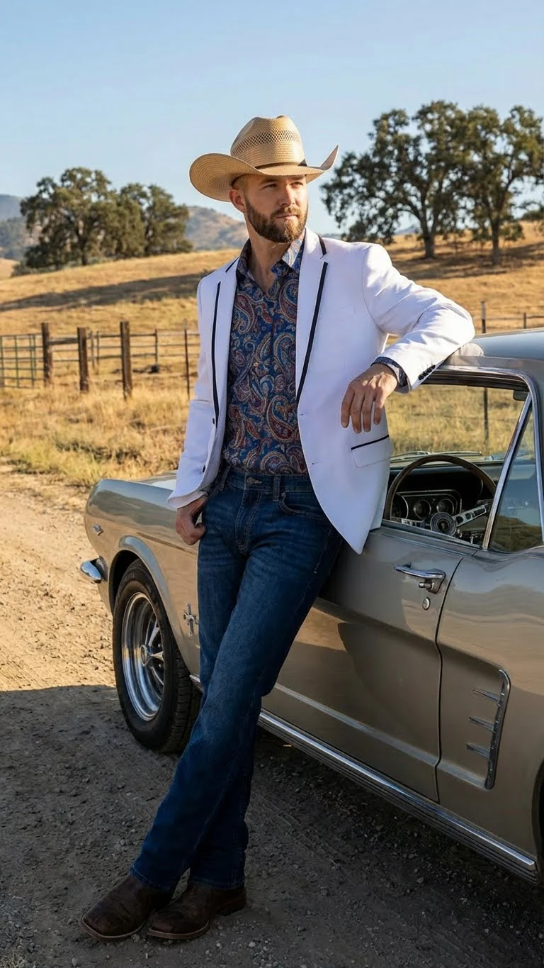 Men’s White Western Blazer with Black Trim – Classic Cowboy Style - Image 5