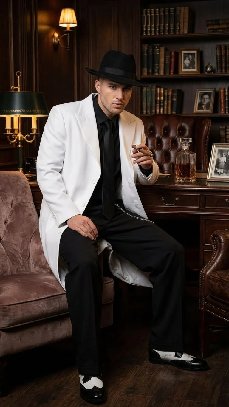 Men’s White Zoot Suit Gangster Style Outfit –  White Jacket + Vest + Pants + Shirt & Tie  Combo Package - Image 11