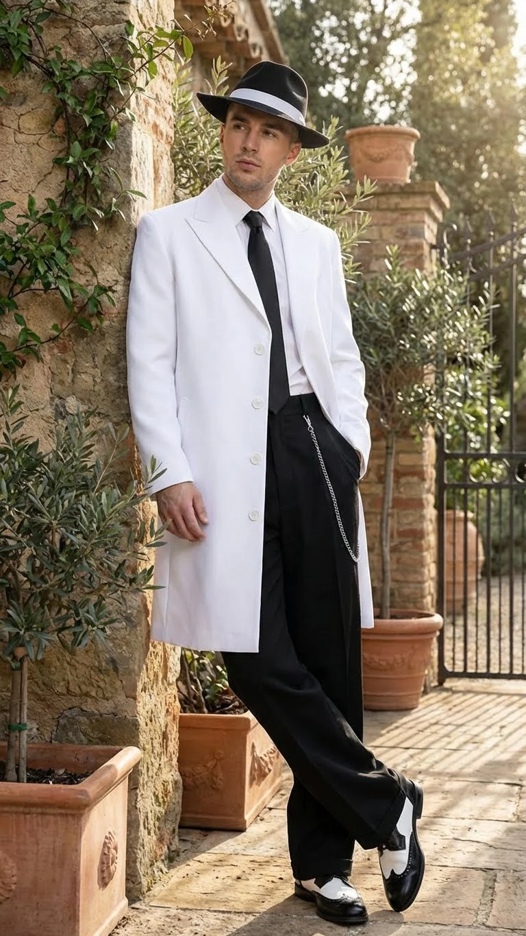 Men’s White Zoot Suit Gangster Style Outfit –  White Jacket + Vest + Pants + Shirt & Tie  Combo Package - Image 5