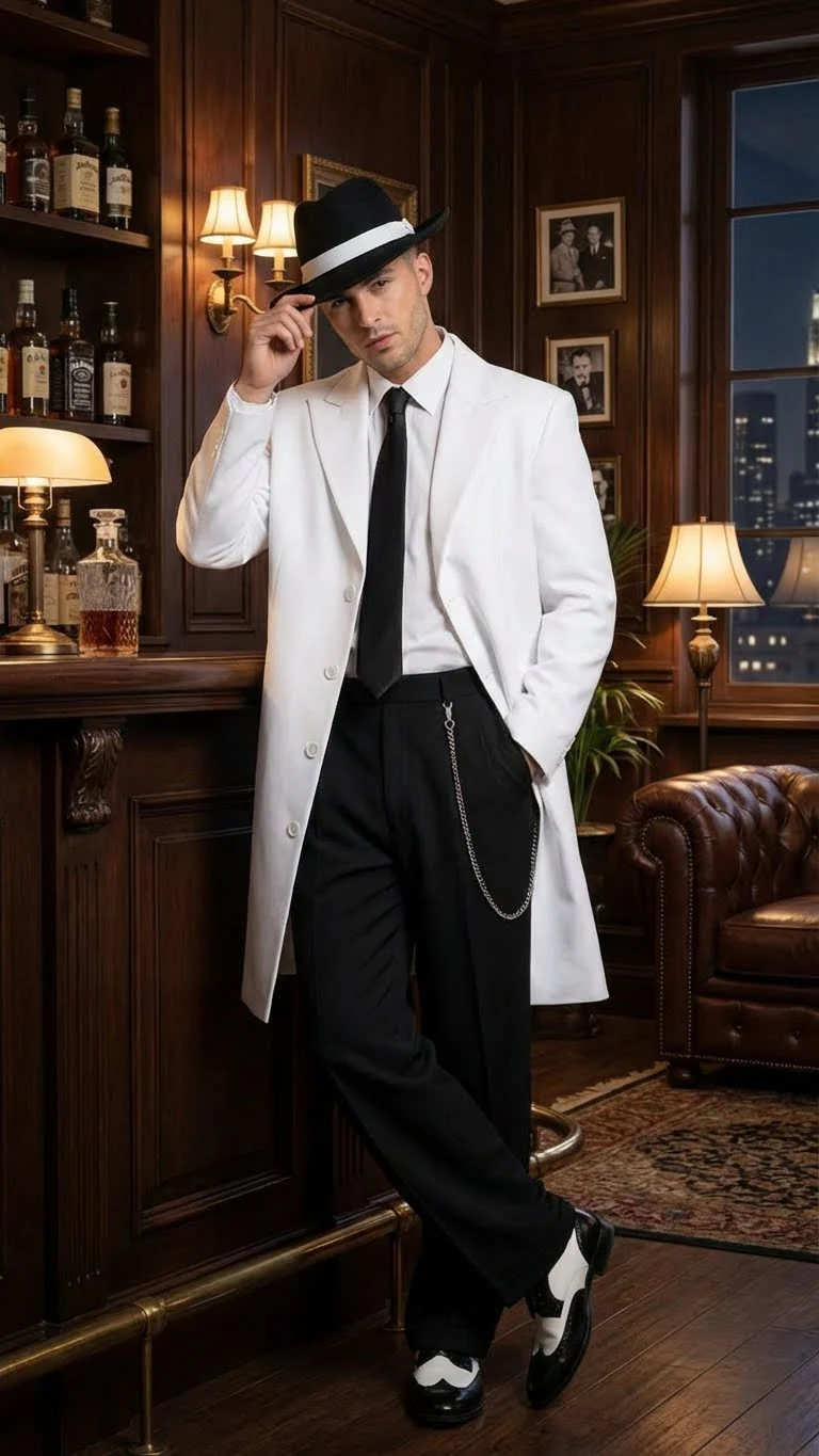 Men’s White Zoot Suit Gangster Style Outfit –  White Jacket + Vest + Pants + Shirt & Tie  Combo Package - Image 7