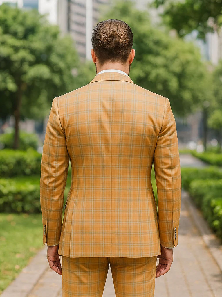 Men’s Yellow Plaid 3-Piece Suit with Vest – Stylish Formal Wear - Image 2