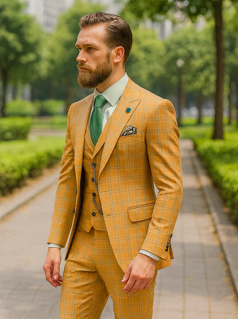 Men’s Yellow Plaid 3-Piece Suit with Vest – Stylish Formal Wear - Image 3