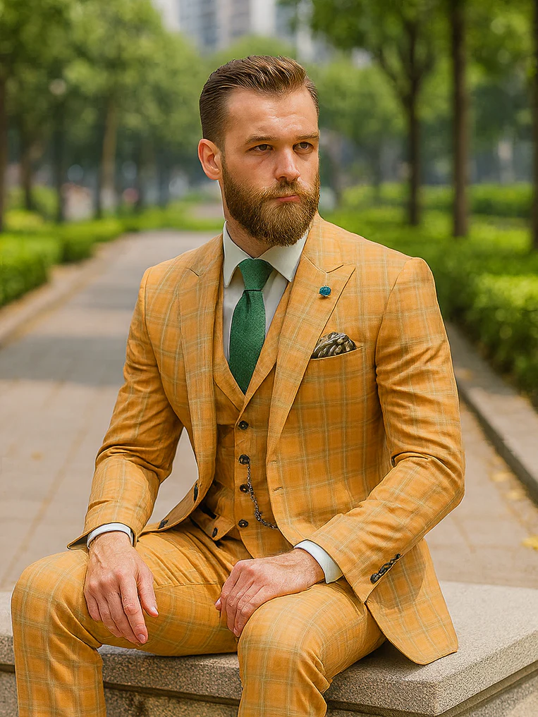 Men’s Yellow Plaid 3-Piece Suit with Vest – Stylish Formal Wear - Image 4