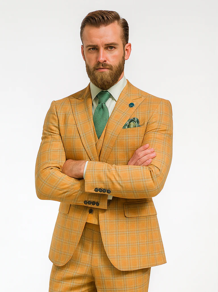 Men’s Yellow Plaid 3-Piece Suit with Vest – Stylish Formal Wear - Image 5