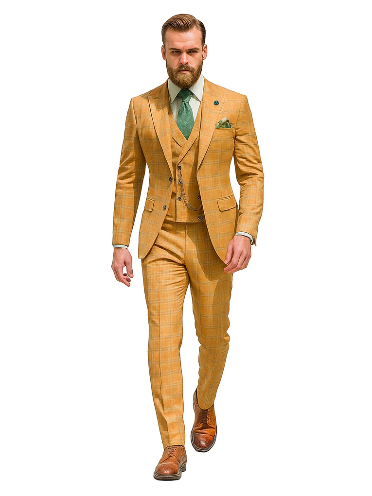 Men’s Yellow Plaid 3-Piece Suit with Vest – Stylish Formal Wear - Image 6