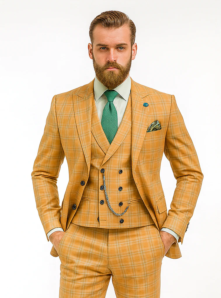 Men’s Yellow Plaid 3-Piece Suit with Vest – Stylish Formal Wear - Image 7