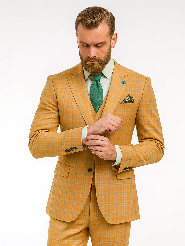Men’s Yellow Plaid 3-Piece Suit with Vest – Stylish Formal Wear - Image 8