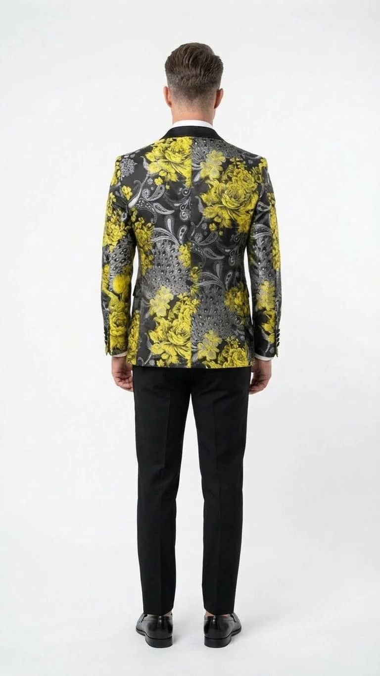 Men’s Yellow Tuxedo Black and Gold Floral Pattern Blazer | Formal Jacket - Prom Dinner Jacket + Black Pants + Bowtie - Image 2