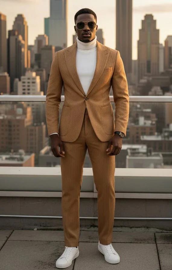 Mens 1 Button Peak Lapel Vegan Leather Suit Tan - Image 3