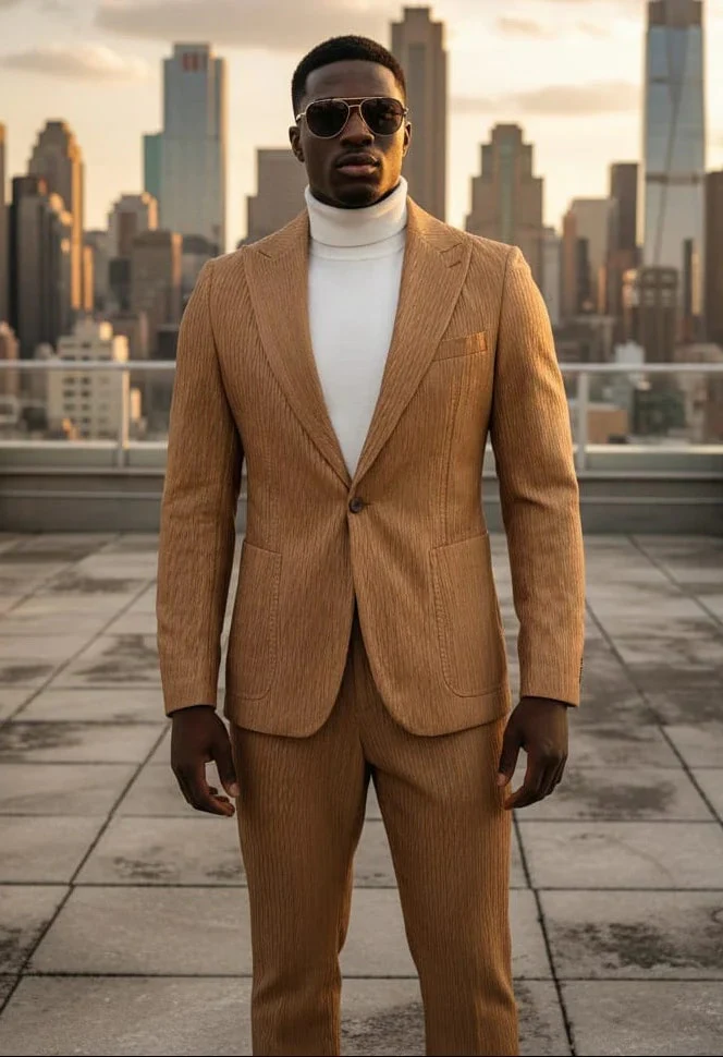Mens 1 Button Peak Lapel Vegan Leather Suit Tan - Image 4