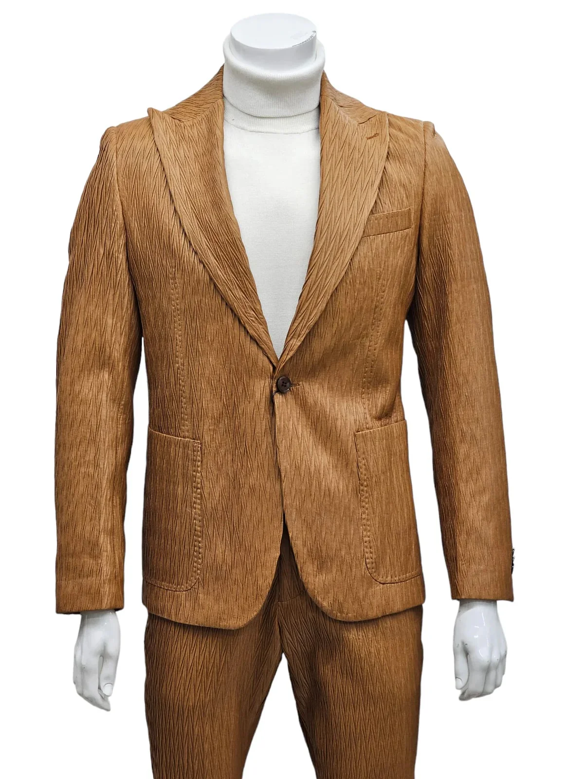 Mens 1 Button Peak Lapel Vegan Leather Suit Tan - Image 5