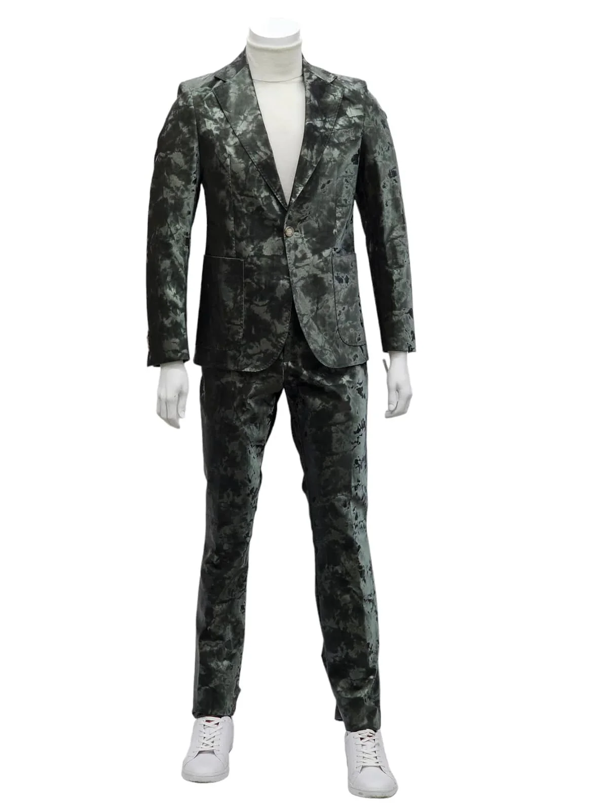 Mens 1 Button Slim Fit Faux Leather with Patch Pockets Green Suit