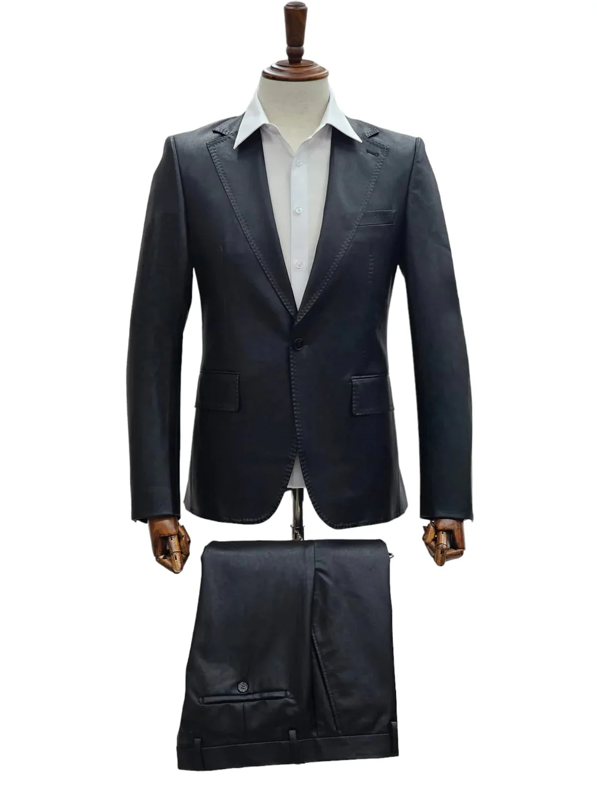 Mens 1 Button Slim Fit Leather Suit Black - Image 3