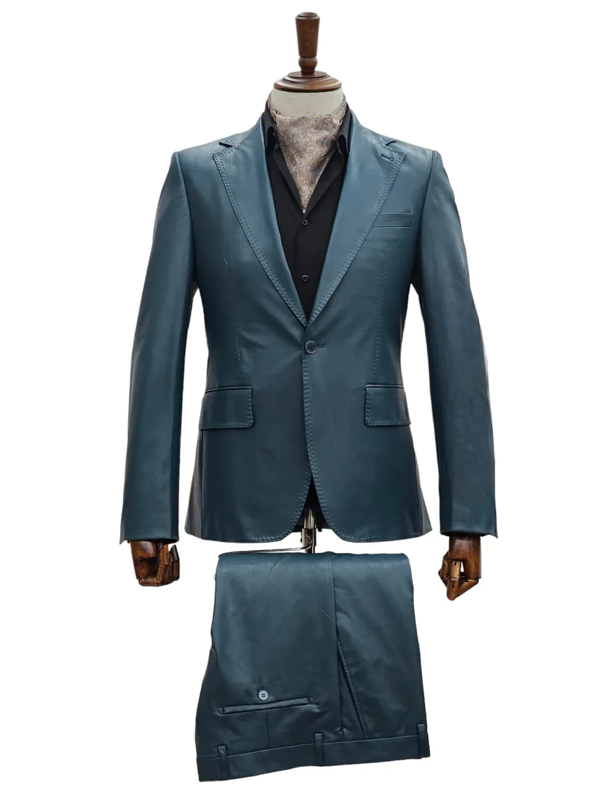 Mens 1 Button Slim Fit Leather Suit Blue - Image 3