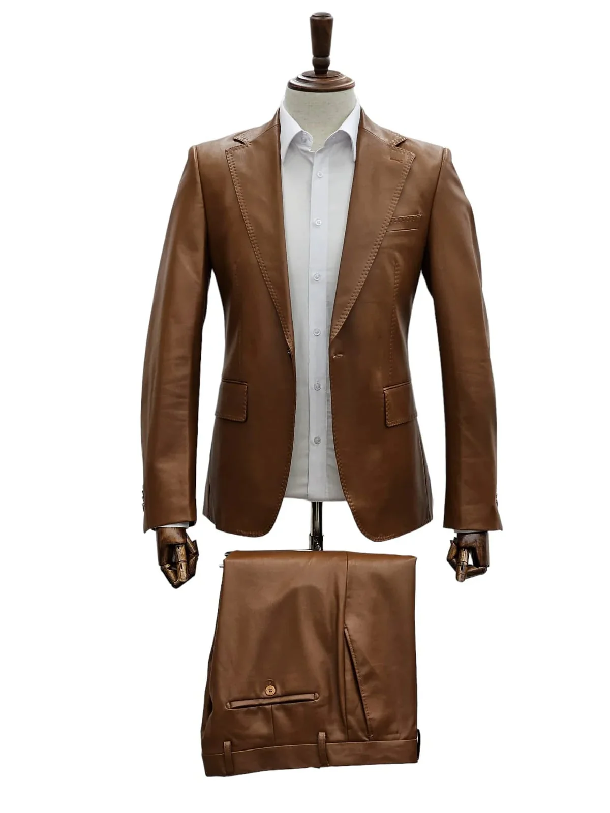 Mens 1 Button Slim Fit Leather Suit Caramel - Image 3