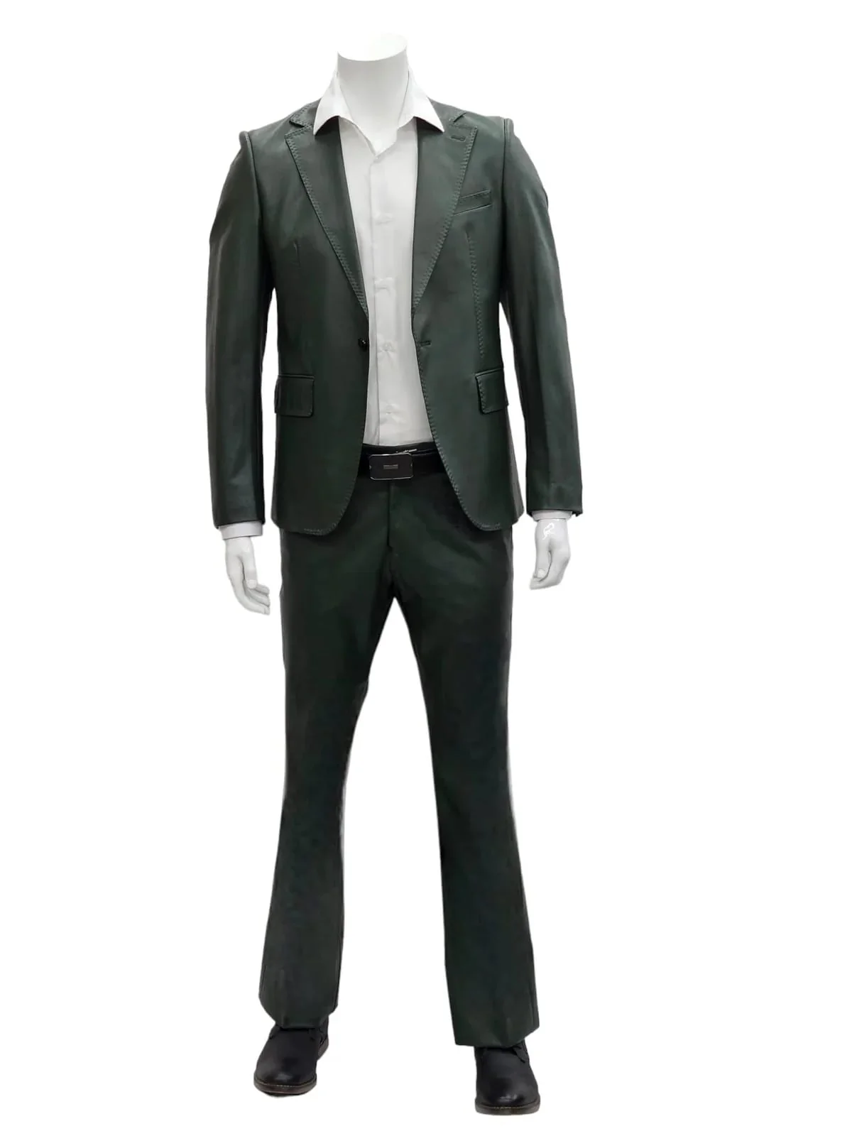 Mens 1 Button Slim Fit Leather Suit Olive - Image 3