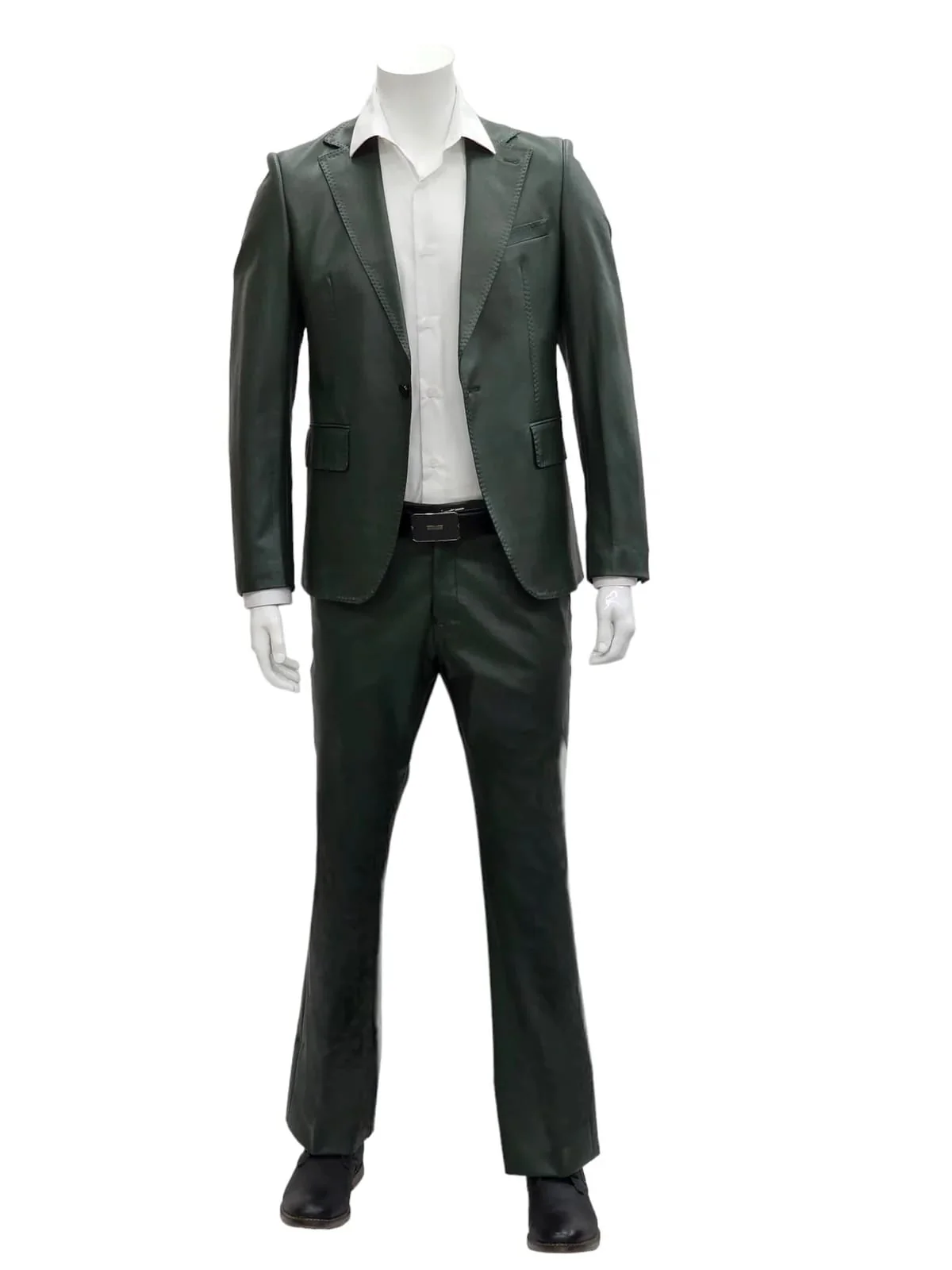 Mens 1 Button Slim Fit Leather Suit Olive - Image 4