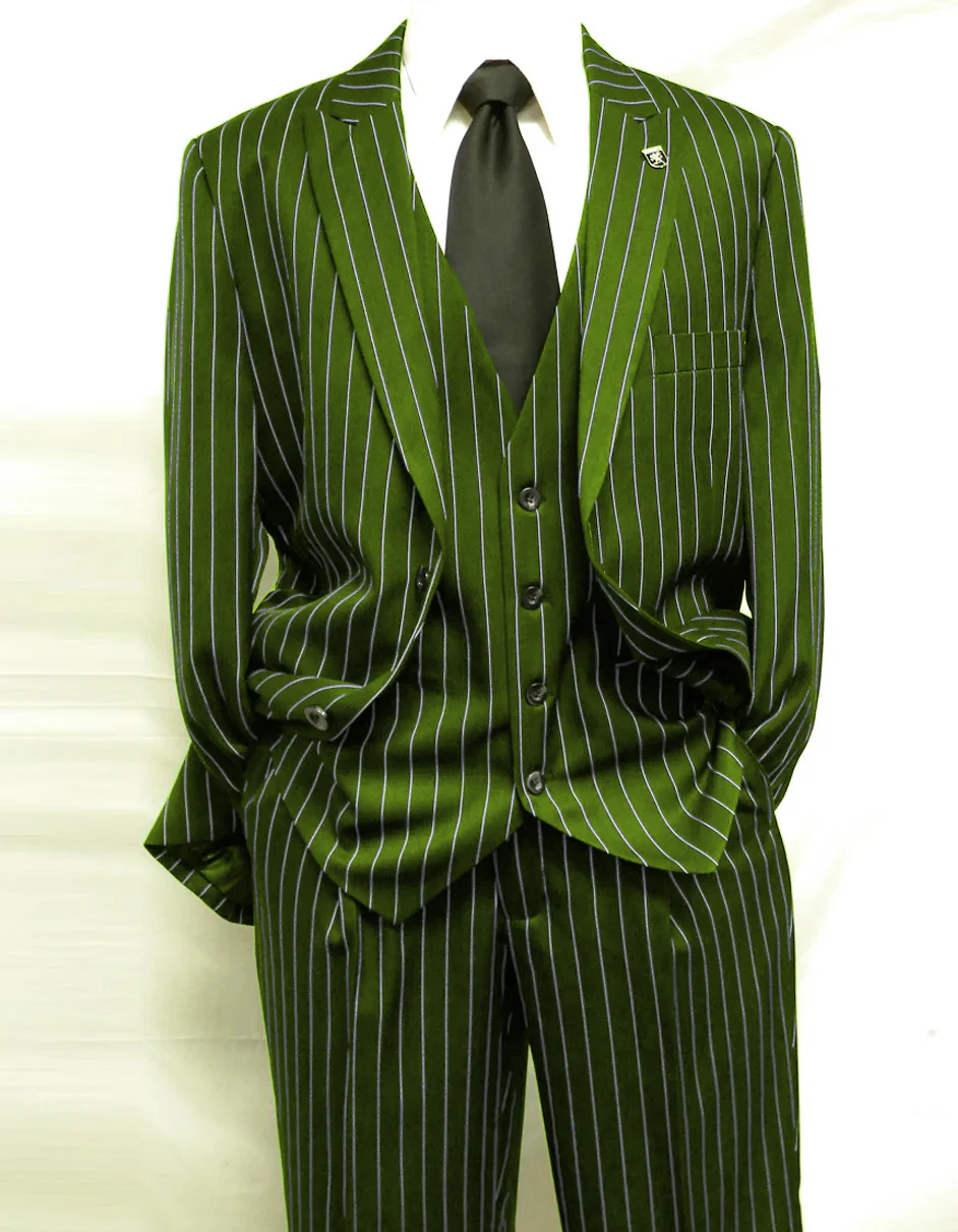Mens 2 Button Gangster Pinstripe Pattern  Suit in Black - Image 2